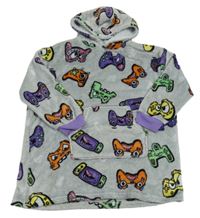 Šedo-fialová plyšová oversize dlouhá mikina s ovladači a kapsou a kapucí PRIMARK