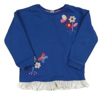 Cobaltovoě modrá mikina s kvietkami a motýlikmi a volánikom Tu