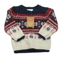Nové - tmavomodro-červeno-smotanový sveter s norským vzorom PRIMARK