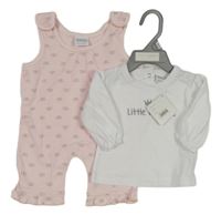 Nové - 2Set - Světlerůžové laclové tepláky s korunkami a volánky + bílé triko s nápisem NURSERY TIME