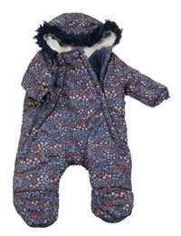 Tmavomodrá šušťáková zimná kombinéza s kvietkami a houbičkami a žaludy a kapucňou s kožešinou F&F