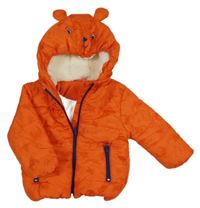 Tmavooranžová prošívaná šusťáková zimní bunda s medvídky a stromečky a kapucí s oušky Ergeee
