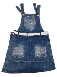 Tmavomodrá plísňová tepláková riflová laclová sukně s kamínky a perlami a páskem