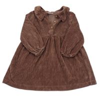 Čokoládové rebrované zamatové šaty s golierikom