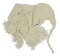 3Set - Smetanová žebrovaná zavazovací čepice + palcové rukavice se šňůrkou + šála s třásněmi 