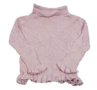 Svetloružový melírovaný rebrovaný svetrový rolák s volánikmi Matalan