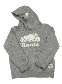 Sivá melírovaná mikina s logom a vreckom a kapucňou roots