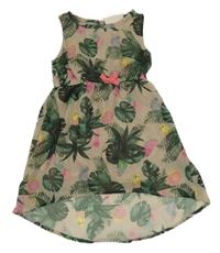 Béžové šifónové šaty s papoušky a ananásmi a melónmi a lístečky H&M