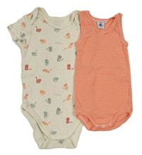 2x body - béžové puntíkaté s kočkami + oranžovo-bílé pruhované