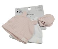 Nové - 3set - Růžová žebrovaná bavlněná čepice s oušky + bílá puntíkatá + růžové žebrované rukavičky Dunnes