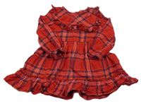 Červeno-tmavomodro-biele kockované trblietavé šaty s volánikmi F&F