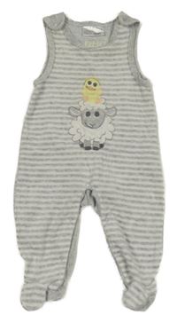 Šedo-bílé pruhované sametové dupačky s ovcí a kuřetem Ergee