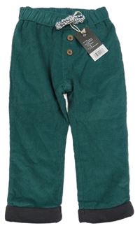Nové - Zelené manšestrové podšité kalhoty s knoflíky Kuniboo