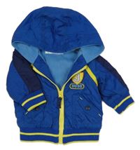 Modrá šušťáková jarná bunda so žltým zipsom a kapucňou zn. M&Co.