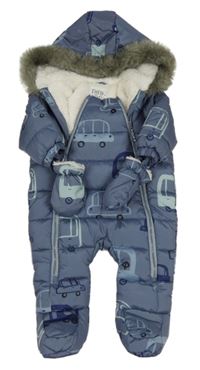 Šedo-modrá šusťáková zimní kombinéza s auty a kapucí + rukavice F&F