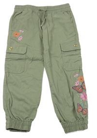 Khaki plátěné cuff kalhoty s kapsami a výšivkami květů F&F