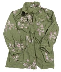 Khaki plátěná jarní parka s výšivkami květů River Island