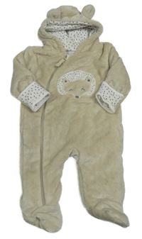 Béžová plyšová podšitá kombinéza s ježkom a kapucňou topolino