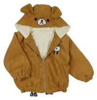 Hnědá manšestrová zateplená bunda s medvědem a kapucí 