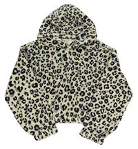 Smetanovo-čierno-modrá plyšová crop mikina s leopardím vzorom a kapucňou H&M
