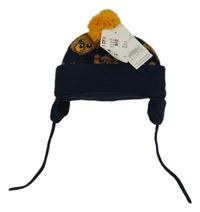 Nové - Tmavomodro-hořčicová čepice s medvídky a bambulí Dopodopo