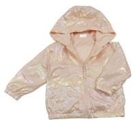 Svetloružová šušťáková trblietavá jarná bunda s kapucňou