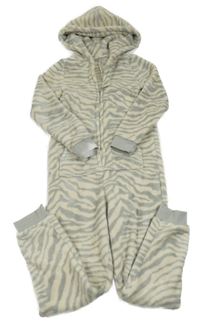 Sivo-béžová pruhovaná plyšová kombinéza s kapucňou Bel&Bo