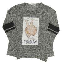 Sivý melírovaný ľahký úpletový sveter s obrázkem z flitrů C&A