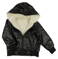 Čierna koženková zateplená bunda s kapucňou Shein