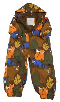 Hnedá šušťáková zateplená kombinéza so zvieratkami a kapucňou Tu