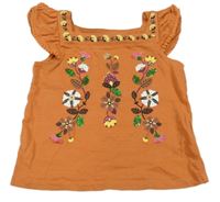 Oranžový top s kvetmi a volánikmi C&A