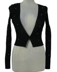 Dámský černý žebrovaný propínací crop svetr s kamínky H&M