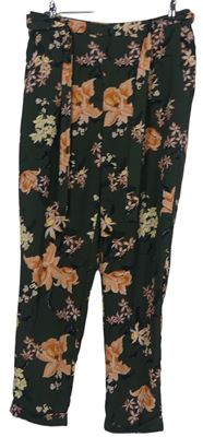 Dámske khaki kvetované voľné é nohavice s opaskom Dorothy Perkins