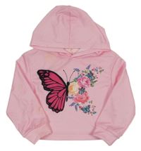 Svetloružová crop mikina s motýlkom a kapucňou