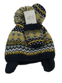 Nové- 2set- tmavomodro-šedo-žlutá vzorovaná čepice s bambulí+ rukavice George