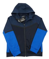 Nové - Tmavomodro-modrá sportovní propínací mikina s potiskem a kapucí KWD