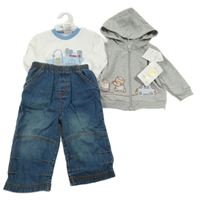 3set- šedá propínací mikina s obrázkem a kapucí+ modré rifle+ bílé triko s obrázkem 