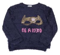 Tmavomodrý chlpatý sveter s maskou z flitrů H&M