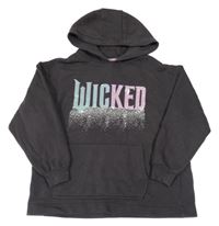 Antracitová mikina s nápisem z flitrů - Wicked a kapucňou