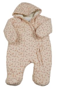 Světlerůžová vzorovaná manšestrová zateplená kombinéza s kytičkami a kapucí F&F