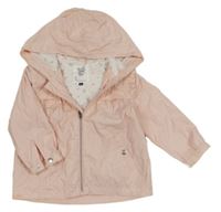 Světlerůžová šusťáková jarní bunda s volánky a kapucí C&A