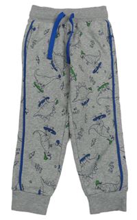 Šedé tepláky s dinosaury a nápisy Impidimpi