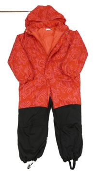 Červeno-vzorovano-čierna šušťáková zimná kombinéza s kapucňou