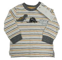 Nové - Bílo-tmavošedo-okrové pruhované triko s dinosaury F&F