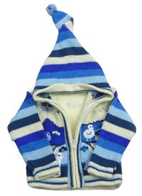 Modro-smotanový pruhovaný prepínaci sveter s kapucňou
