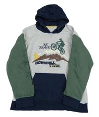 Sivo-kaki-tmavomodrá mikina s horou a kapucňou Kids