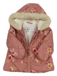 Růžová šusťáková prošívaná zimní bunda s kytičkami a kapucí George