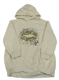 Smetanová dlouhá mikina se rty z flitrů a kapucí River Island