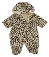 Béžovo-hnedá vzorovaná kožušinová zateplená kombinéza s kapucňou George