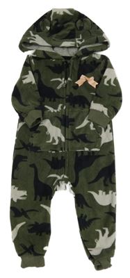 Khaki fleecová kombinéza s dinosaurami a kapucňou